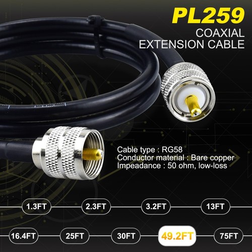 Kabel koncentryczny RG58 49,2 stopy, kabel koncentryczny CB, UHF PL259 męski na męski koncentryczny 50 O... - Zdjęcie 3 z 6