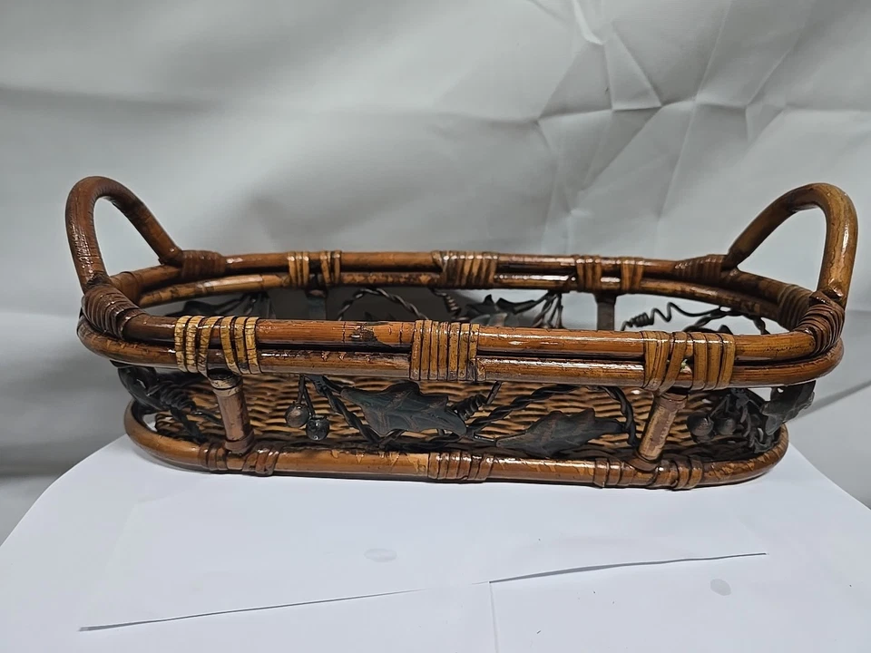 Vintage French Brass Copper Wood Woven Basket Pincone And Grapes Motifs - Image 3 of 4