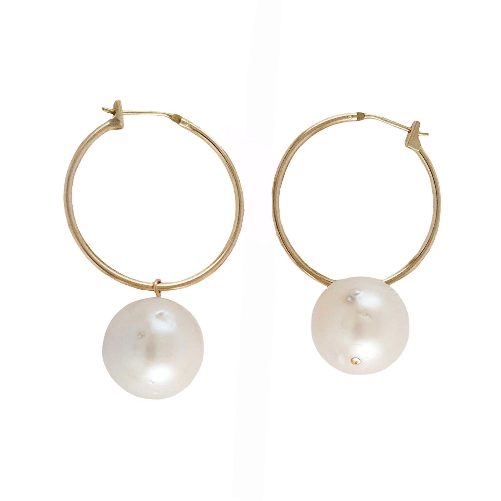 Solid 14k Yellow Gold Fish Hook Baroque White Pearl Dangle Earrings