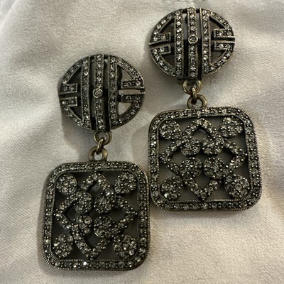 Heidi Daus Crystal Rhinestone Square  Dangle Clip-On Earring Signed