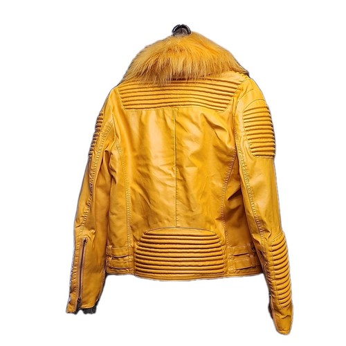 Robert Phillipe Motorcycle Vegan Faux Fur Leather Biker Yellow Retro Jacket XL - Picture 3 of 5