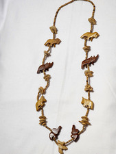 African Animal Fetish Necklace Carved Wood Safari Beads 33 in