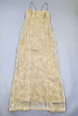 90s Y2K Poly USA Formal Prom Dress Gold Sheer Overlay Sz S Lace Up Back Zip