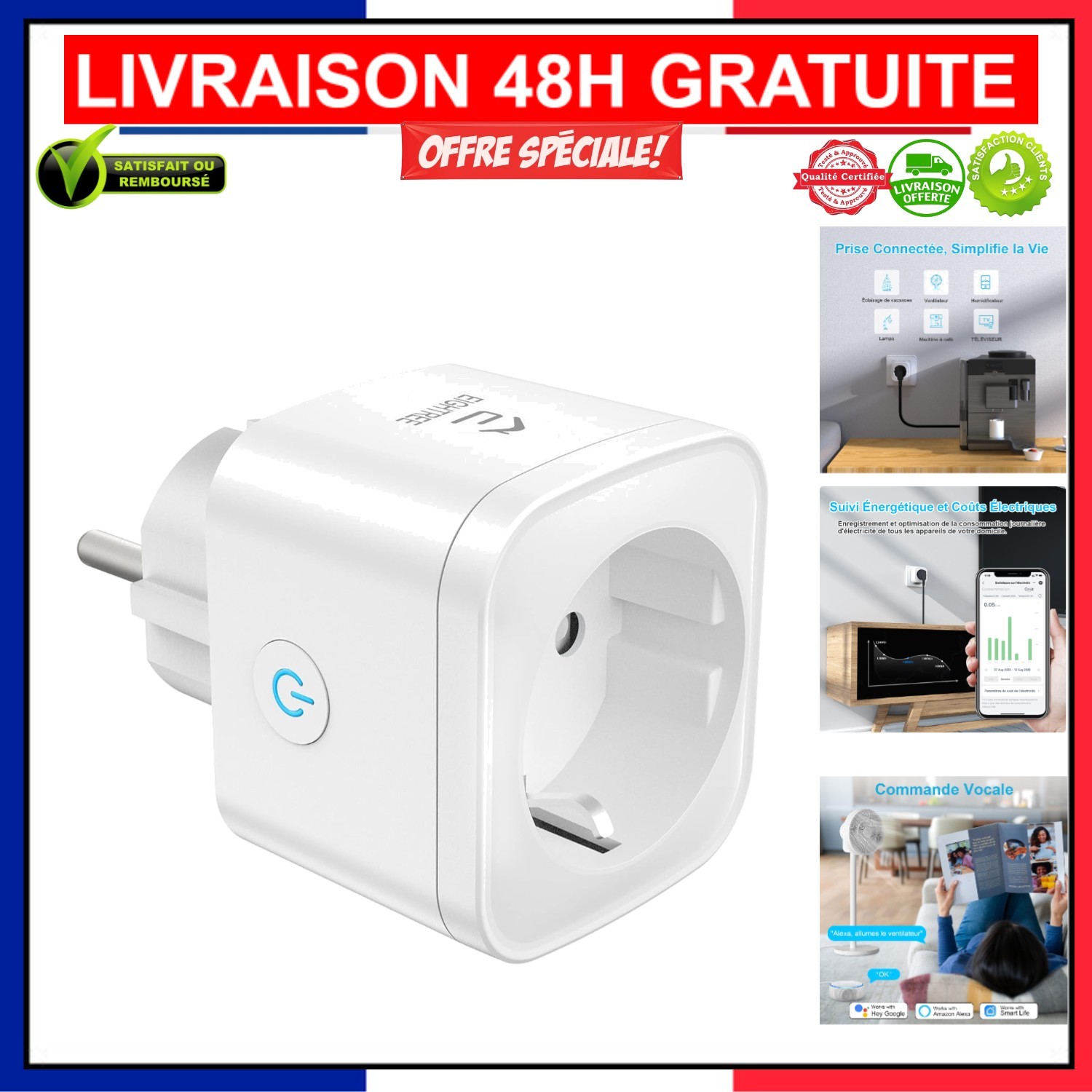 Prise connectée WiFi 16A EIGHTREE compatible avec Alexa et Google Home pour commande vocale