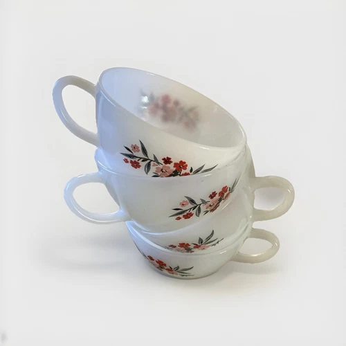 Set of 4 Fire King Primrose Tea Cups Anchor Hocking Milk Glass VTG