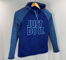 Nike Just Do It Hoodie Womens Medium Blue Therma Fit Fleece Pullover Sweatshirt