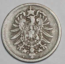 1875 A GERMANY 90 % SILVER 1 MARK POPULAR DATE
