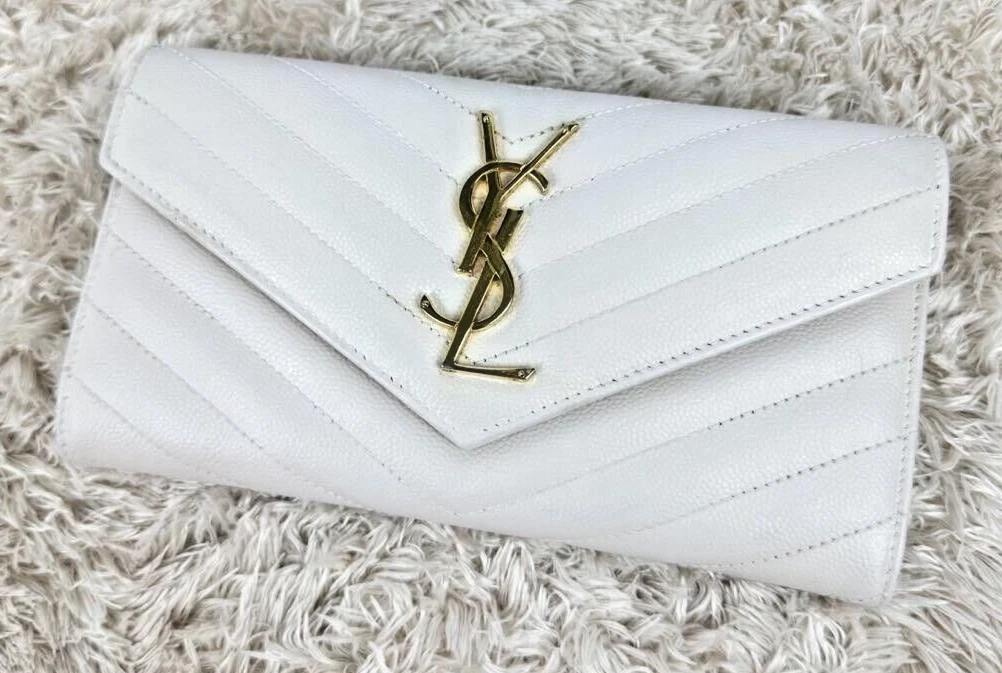 Auth Saint Laurent Long Wallet YSL Monogram Large Flap White Leather  H3.9”×W7.5”