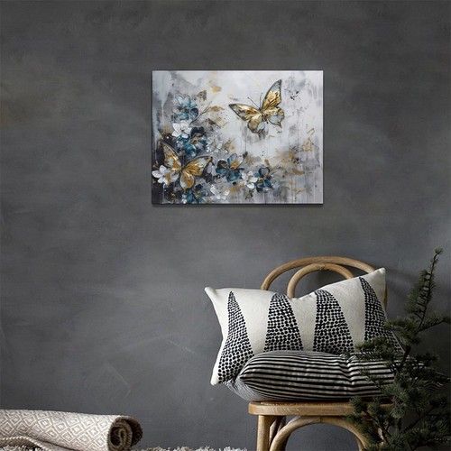 Arte de pared en lienzo de mariposa dorada vintage cuadros de mariposas decoración de pared azul a... - Imagen 2 de 6