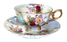 Lefton Japan #20583 Footed Cup and Saucer Iridescent French Blue Pink Gold New!