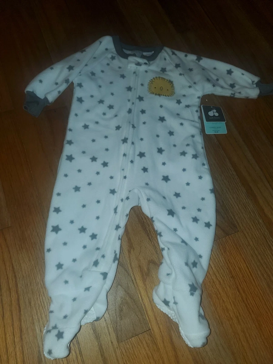 New JUST BORN Long Sleeve Sleeper Pajamas w Feet Boy Grey Stars 18 months