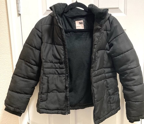 SO Girls Black Hooded Coat Jacket Winter Size 10/12 - Picture 2 of 6