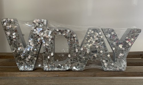 Decorative Sign VDAY Standing Cutout Word Home Decor Silver Sequin Valentines - Picture 2 of 8