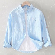 Men Print Linen Shirt Business Long Sleeve Collared Top Button Down Casual