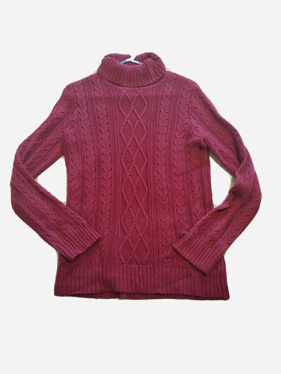 Womens Turtleneck Sweater Medium Chunky Cable Knit Burgundy Croft Barrow