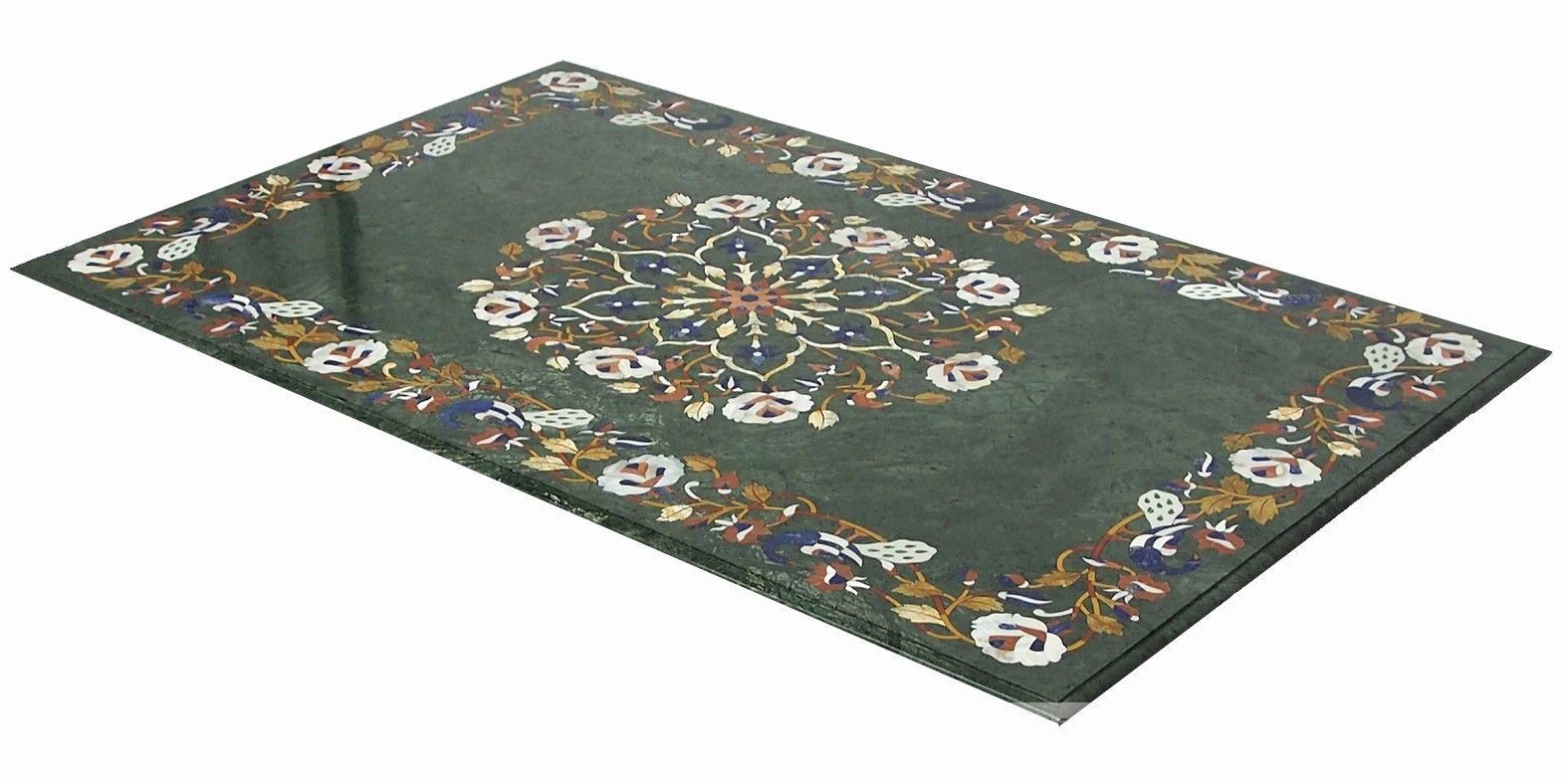 48-Inch Green Marble Center Table with Semi-Precious Stone Floral Inlay  
