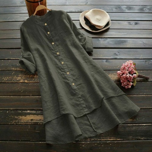 Túnica Prendas para el torso Botones Mangas de lino Largas Mujeres Blusa Informal Camisa Larga - Imagen 8 de 19
