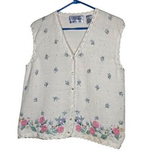 Vintage Northern Isles White Floral Button-Up Sweater Vest Hand Embroidery L