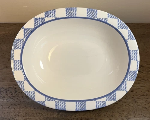 Vintage Pfaltzgraff Hopscotch 10" Oval Vegetable Bowl (Blue & White Checker Rim)