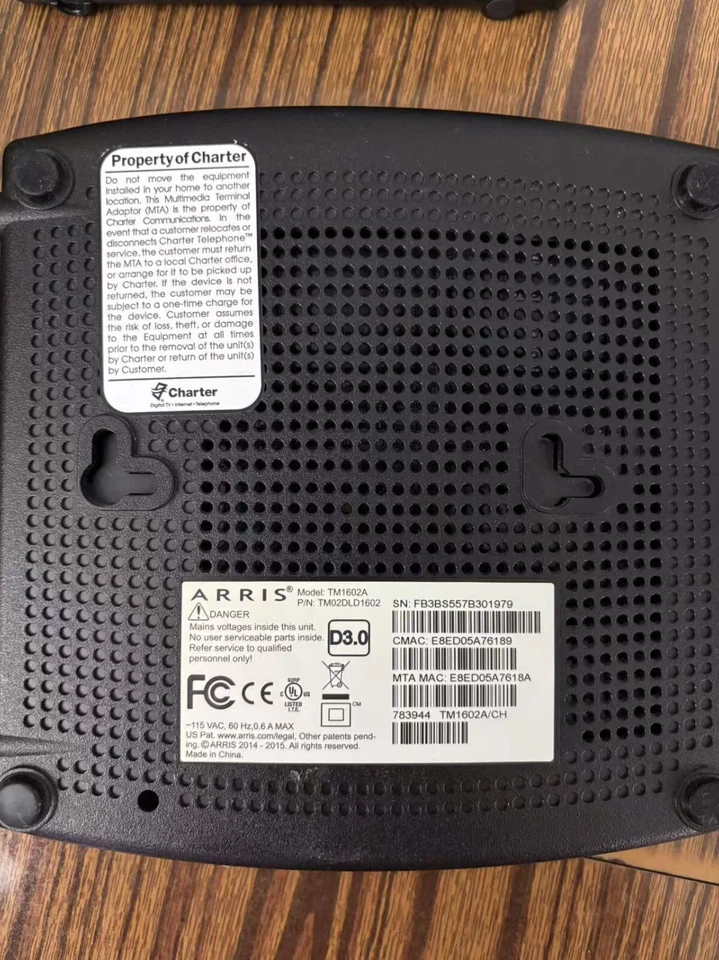 Arris TM1602A Docsis 3.0 Telephony Cable Modem  for Charter Optimum Cablevision - Image 2 of 3