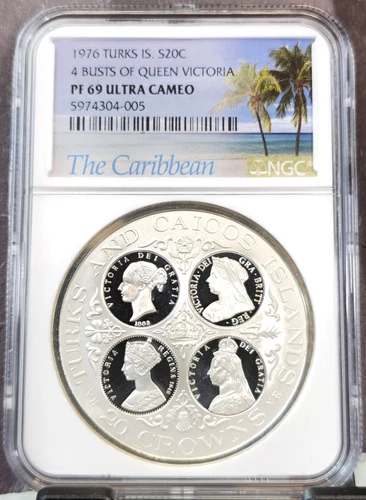 1976 TURKS SILVER 20 CROWNS 4 BUSTS QUEEN VICTORIA NGC PF 69 ULTRA CAMEO TOP POP