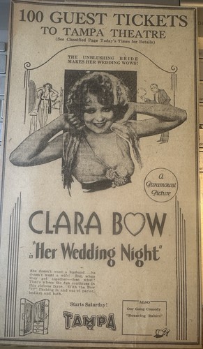 10/‘30 10.5 Inch Tampa Florida Newspaper Movie Ad CLARA BOW ‘Her Wedding Night’