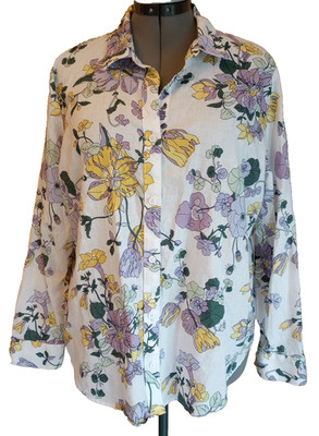 Liz Claiborne XL Floral Blouse Shirt Linen Cotton Long Sleeve Button Up Spring