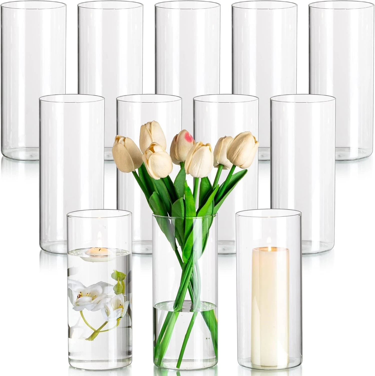 Set of 12 Clear Glass Cylinder Vases for Weddings and Home Decor, 8In