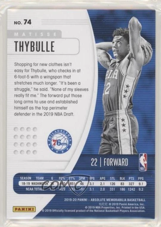 2019-20 Panini Absolute Memorabilia Orange /75 Matisse Thybulle #74 Rookie RC - Image 2 of 2