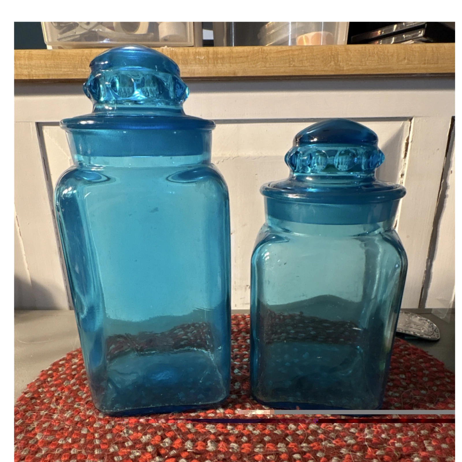 LE Smith Blue Solid Glass Canister Set w/ Lids, 2-Piece, 12 in Tall Used