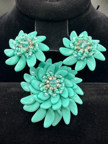Miriam Haskell Turquoise Articulating Flower Brooch Earrings Set Vintage Signed