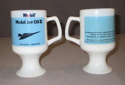 2-Vintage Mobil Jet Oil II White Milk Glass Coffee Tea Footed Mugs Cups GUC