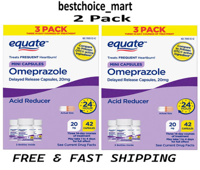 Equate Omeprazole Delayed-Release Acid Reducer Capsules, 20 mg, 42 Count- 2Pack