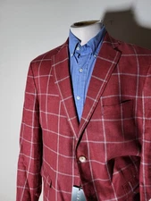 44R Ralph Lauren Coral Red Check 100% LINEN Sport Coat Jacket blazer 