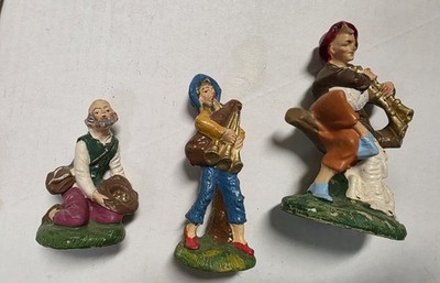 Vintage Nativity 3 Figurines Shepards W/ Flute Pipes Sheep~1950 Made In Italy