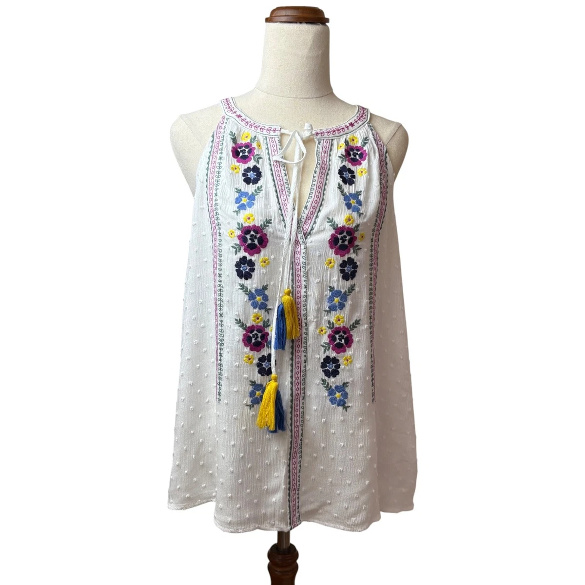 Aliya Womens Floral Embroidered Tassel White Top Size M Peasant Festival Boho
