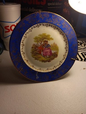 Vintage Limoges Fragonard Porcelain Courting Stamped Plate  Cobalt & Gold