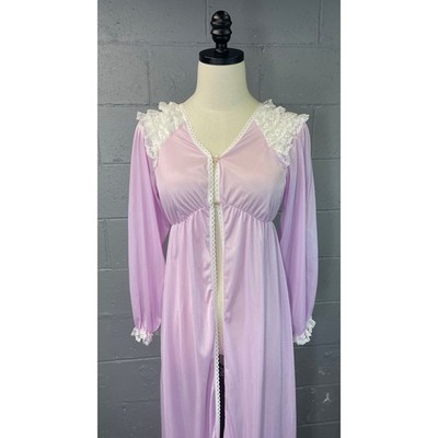 Vintage 1970s Nylon Lace Peignoir Robe Lavendar Purple Frilly Cottagecore Medium
