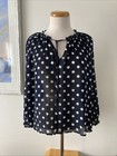 COUNTRY ROAD semi-sheer navy and white polka dot long sleeve blouse top, 14