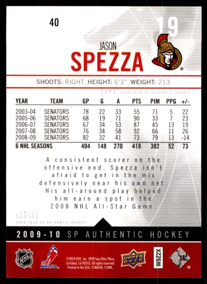 2009-10 SP Authentic Jason Spezza Ottawa Senators #40 - Image 2 of 2