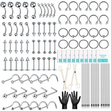 104PCS Body Septum Piercing Kit with 14G/16G/20G Needles Silver
