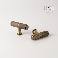 Knurled Brass T-Bar Cabinet Knobs Modern Single Hole Wardrobe Pulls