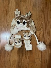 Justice Girls Snow Hat And Gloves Reindeer One Size Very Good Conditions