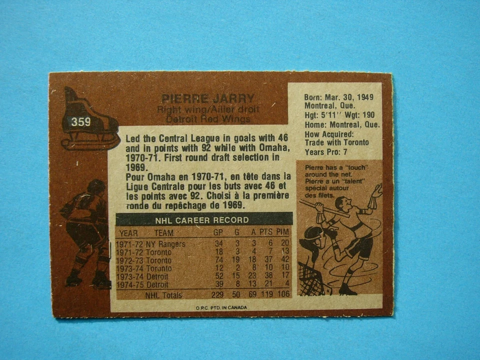1975/76 O-PEE-CHEE NHL HOCKEY CARD #359 PIERRE JARRY EX/NM SHARP!! NO TRADE OPC - Image 2 of 2