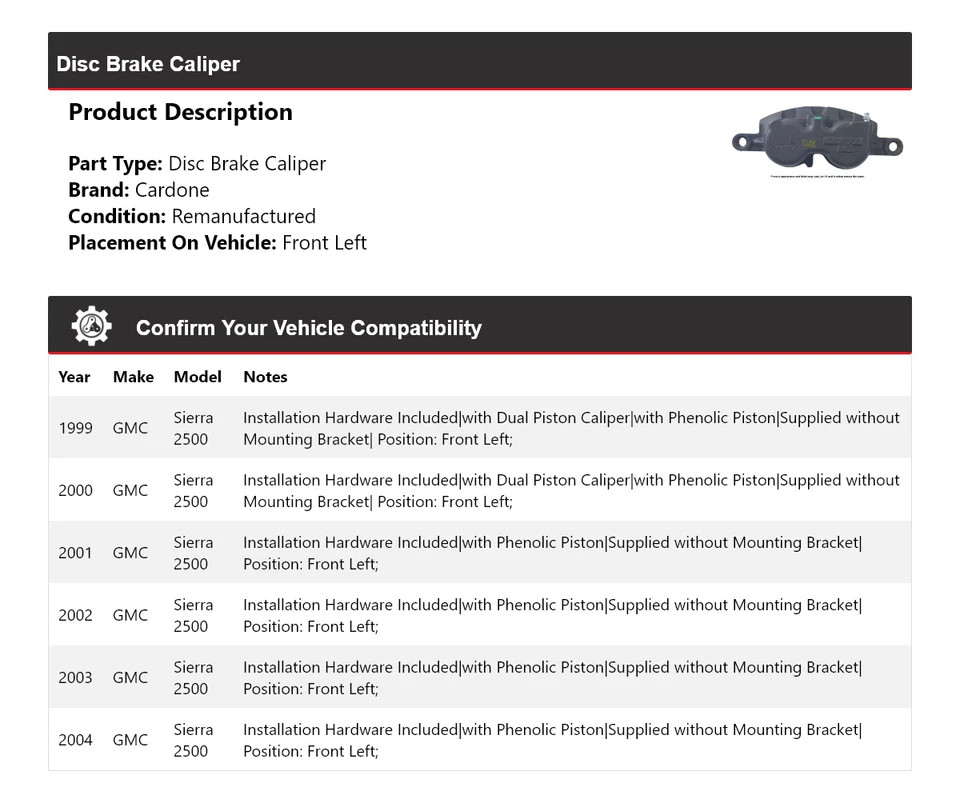 Pinza de freno de disco delantera izquierda cardone 2000 2001 para GMC Sierra 2500 1999-2004 Foto 2 de 4