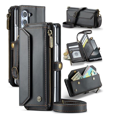 NEW For Samsung Z Fold 6 5 4 Magnetic Leather Crossbody Strap Wallet Slim Case