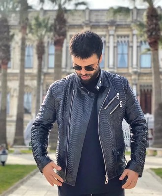 NEW Men's Biker Model Embossed Black Python Leather Jacket