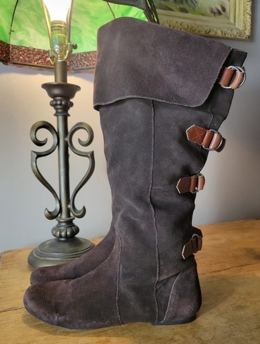 Vintage Dolce Vita Brown Suede Buckle Pixie Boots Tall Riding Boho 8 slouchy - 第 2/9 張圖片