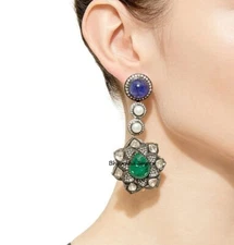 Natural Polki Diamond & Emerald Wedding Earrings Jewelry Sterling Silver Jewelry