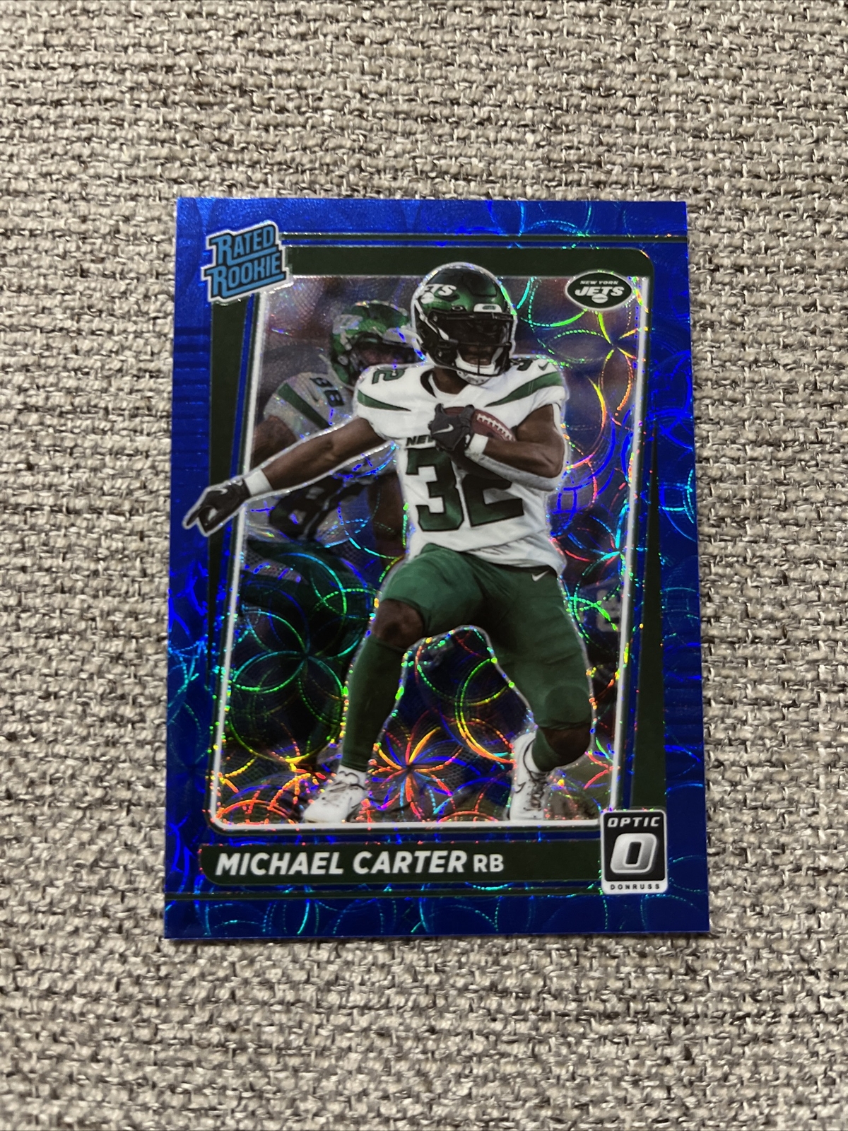 2021 Donruss Optic Blue Scope Michael Carter #235 Rated Rookie Jets
